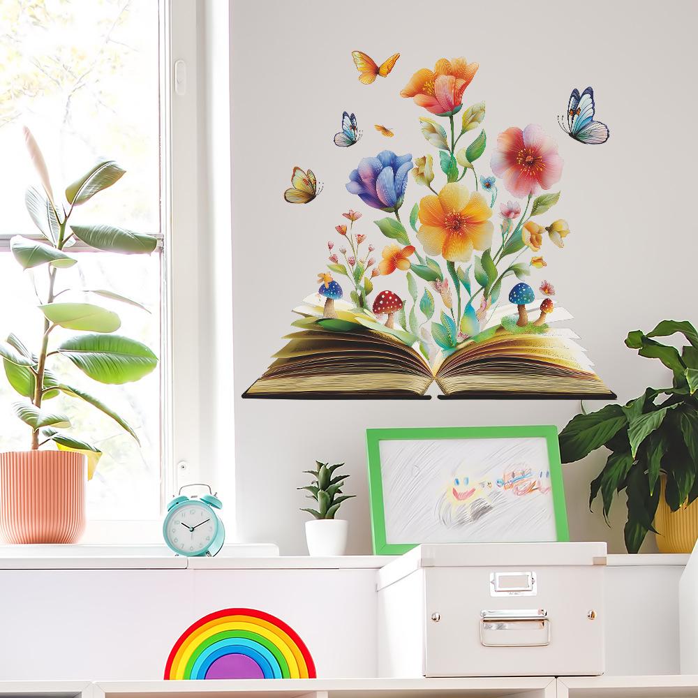 Creative Dreamy Flower and Book Butterfly Living Room and Study Decoration and Beautification Stickers