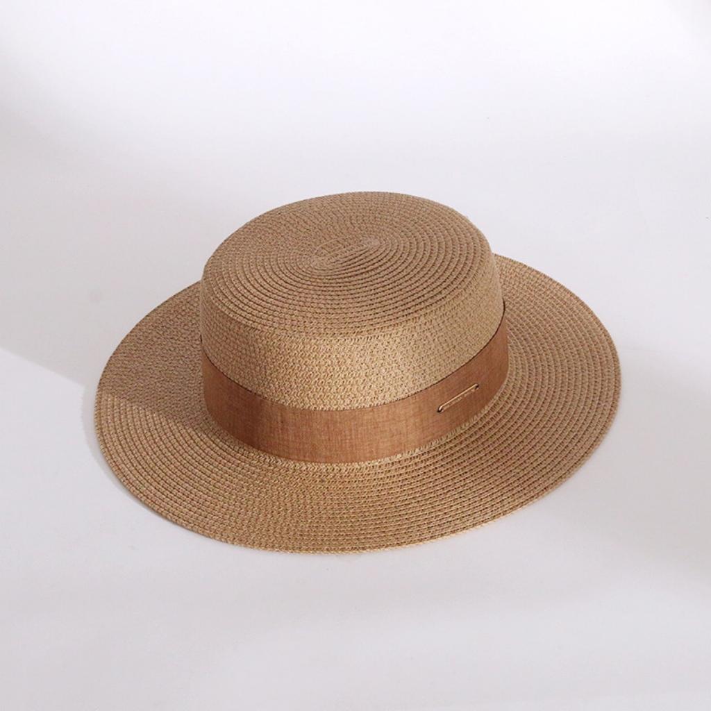 Luxury Elegant Women Summer Straw Hat Flat Top Boater Cap Folds Silk Pearl Decor Hand Weave Wide Brim Sun Hat Panama Fedora