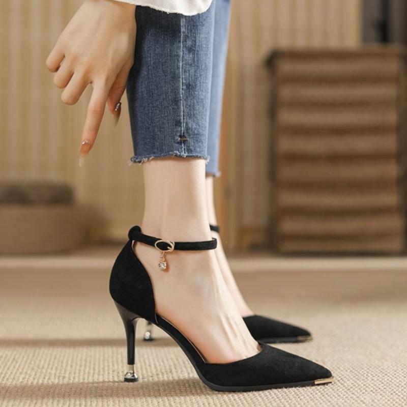 Französische Elegante High Heel Sandalen Knöchelriemen Dünne Absätze Spitze Zehen Damen Kleider Sandalen