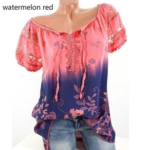 New Women Summer Casual Floral Printed Tops Short Sleeve Shirts Blouses  Summer Fashion Casual Top Blouse Plus Size XS-5XL