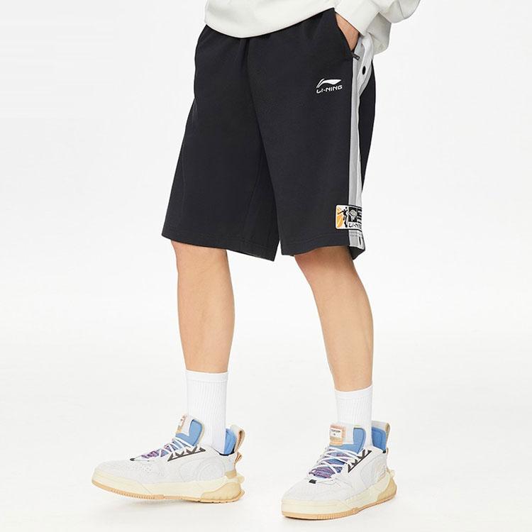 Li Ning Sports Basketball Series Button Splicing Knitted Loose Sports Shorts Men Shorts Black AKSS507-2