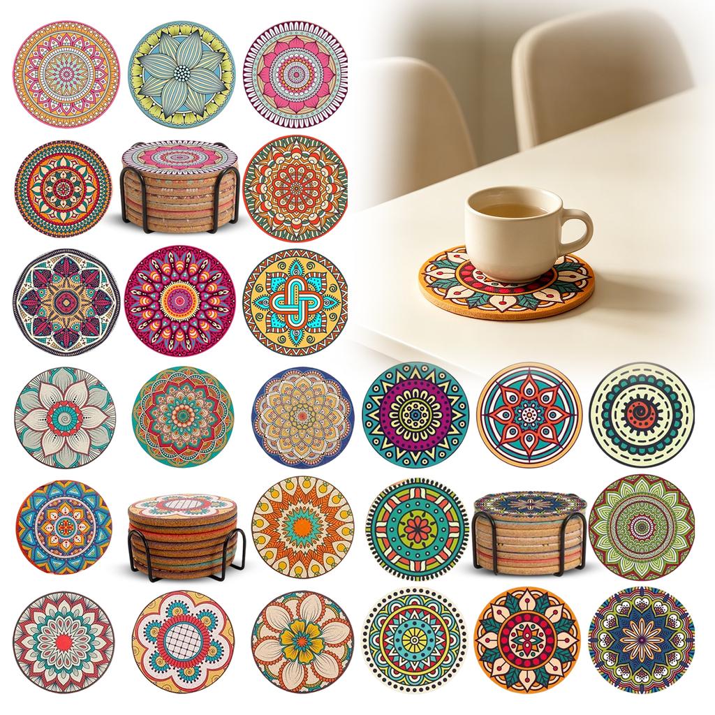 Set of 8 Round Woven Coasters with Holder Thick Heat Resistant Trivets for Kitchen Table Protection and Hot Pot Use Durable Design