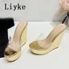 Fashion Liyke Women Sexy Super High Wedges Slippers Platform Sandals Fashion Open Toe Gold Heels PVC Transparent Shoes Zapatos Mujer