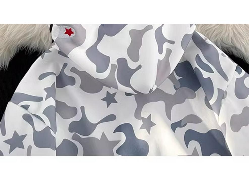 Bluza z kapturem na zamek High Street Camo Shark - Unisex, Styl BF, Długi rękaw z haftem ręcznikowym