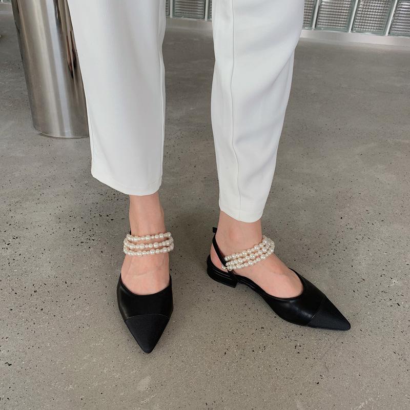 Mary Jane early autumn pointed fashion pearl shallow mouth single shoes hollow T-buckle strap flat heel sandals