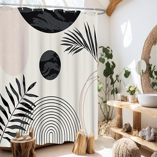 Bohemian Shower Curtain, Black Leaves Mid Century Shower Curtain Set For Bathroom, Modern Abstract Minimalist Fabric Bath Curtai