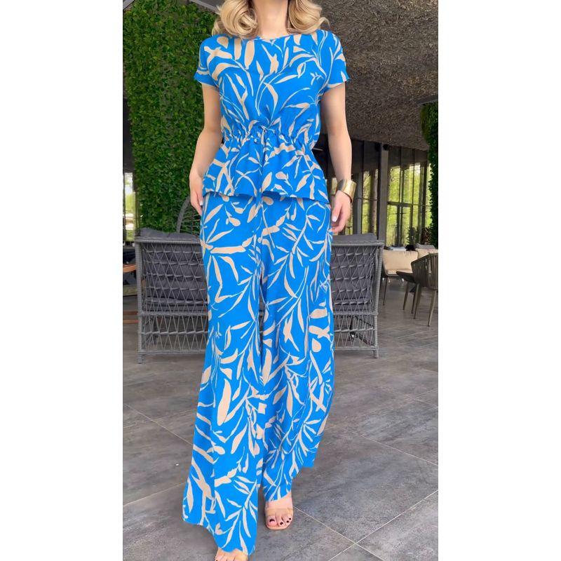 

European and American Women clothes New Fashion Print Lace up Waist Top High Waist Wide Leg Pants Two-piece Set A287 Blue S
