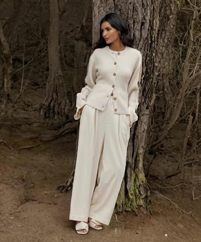 Női Gombos Elöl Nyitott Kardigán Hosszú Ujjú Alkalmi Kötött Kabát Kerek Nyakkivágású Pulóver