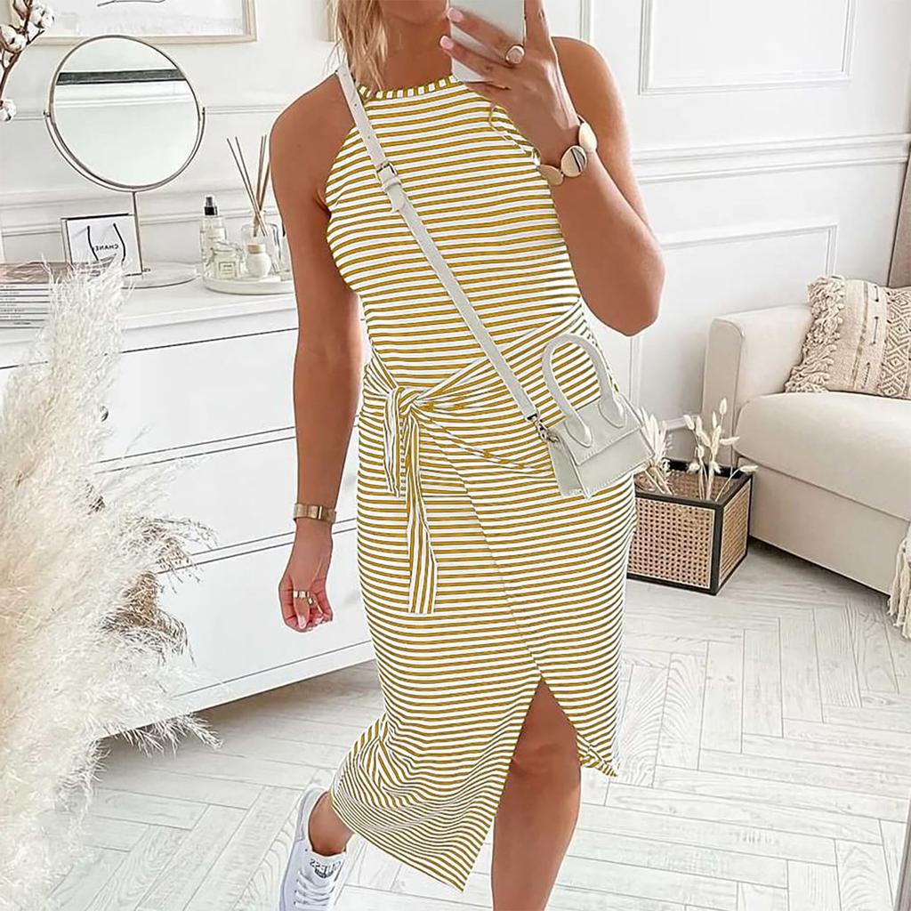 Women's Casual Sleeveless Striped Vest Medium Long Neck Draped Tight Dress