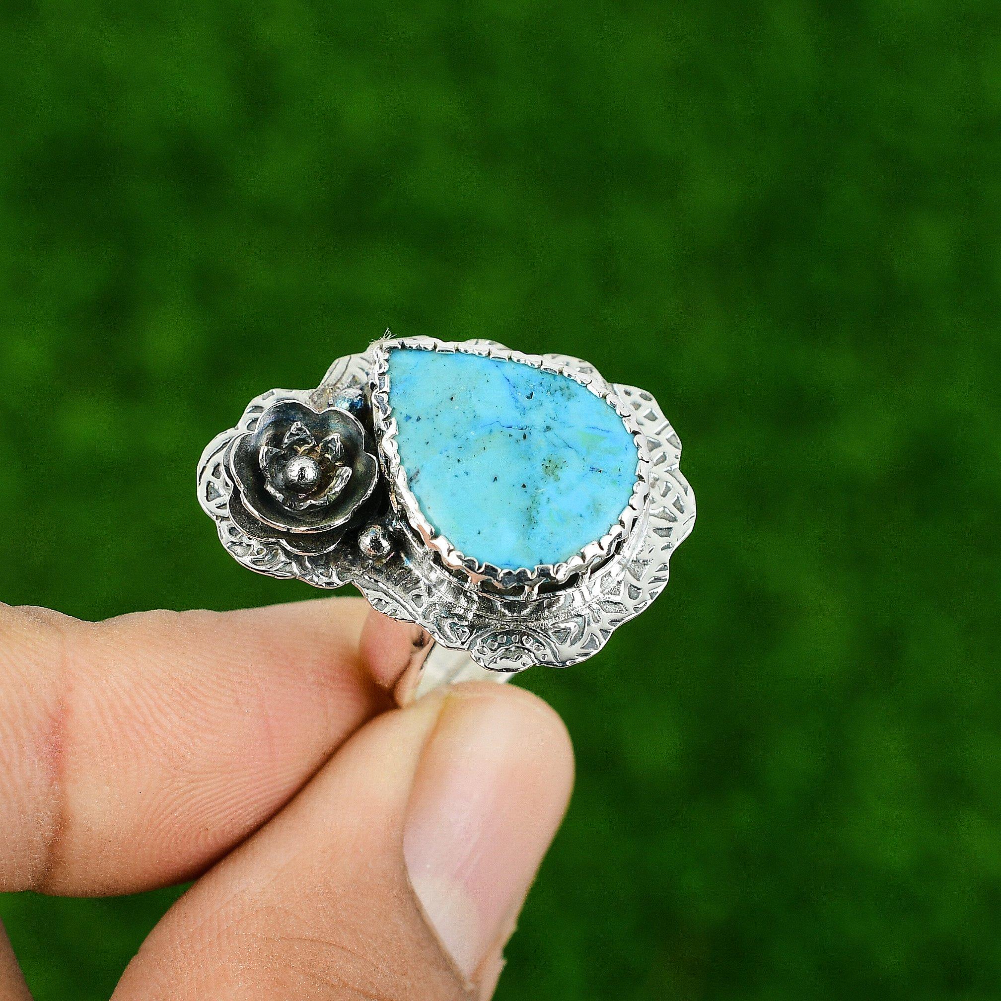 

Натуральная аризонская бирюза, цветок, эффектное этническое кольцо, ювелирное изделие из стерлингового серебра Adjustable