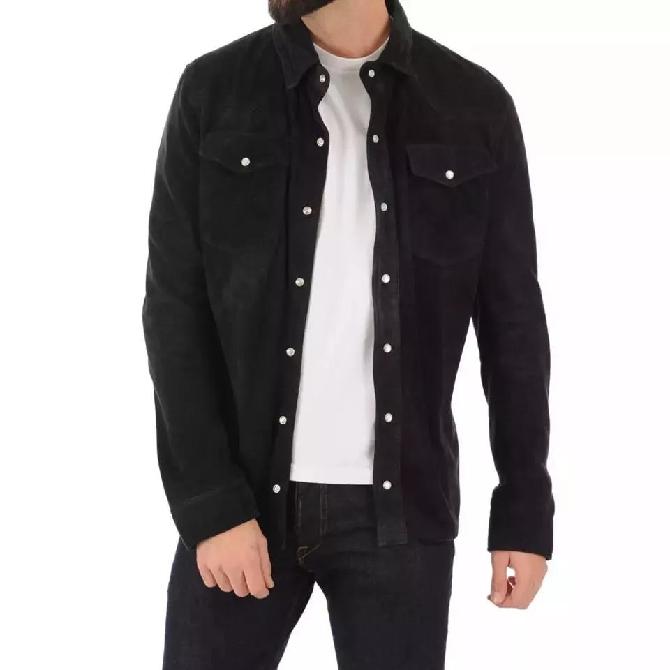 

Стильная мужская черная повседневная рубашка из натуральной кожи ягненка, мягкая замша, ручная работа 2XL чёрный