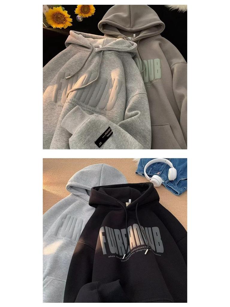 Unisex American-Style Heavyweight Hooded Sweatshirt - Men's Winter Loose Fit Casual Foam Print Top