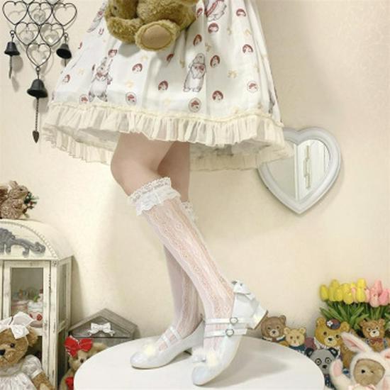 Weiße Spitzen Mid-Calf Socken mit Schleife - Lolita-Stil