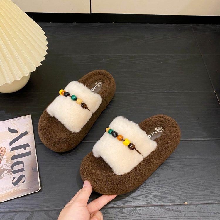 Internet Celebrity High-end Thick-bottomed Fluffy Slippers Women's Wear 2025 Autumn and Winter New Warm Beaded Cotton Slippers