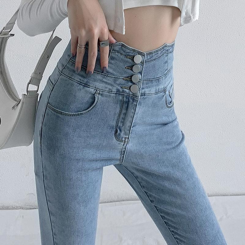 Skinny Pencil Jeans Čtyři knoflíky Vintage Vysoký pas Ženy Tenké Stretch Džínové kalhoty Upnuté kalhoty Dámské kalhoty