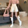 Women's Black Woolen A-line Wide-leg Plus Size High-waist Slimming Bootcut Casual Shorts
