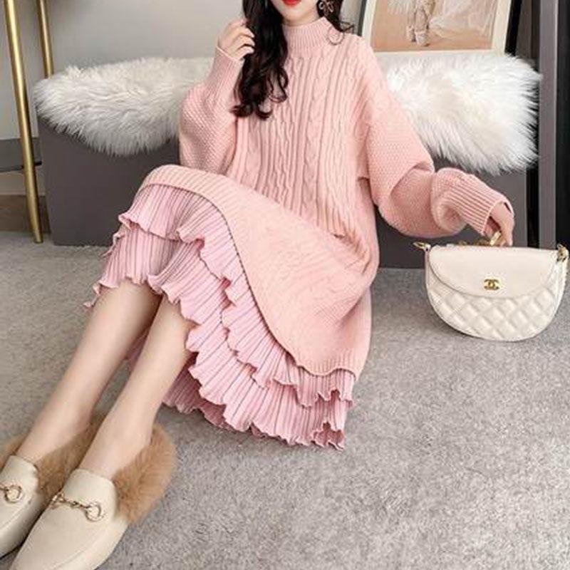 Hrubé vlněné šaty s fleecovou podšívkou: Zeštíhlující, Volný střih, Podzimní/Zimní styl, Perfektní ke kabátům, Pletený krajkový design.