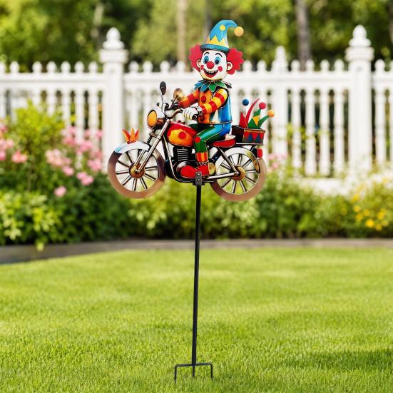 Spinning Clown Motorcycle Wind Spinner, Rotating Wheels Metal Kinetic Yard Art with Stake, Weatherproof Windmill Sculpture for Outdoor Lawn Patio