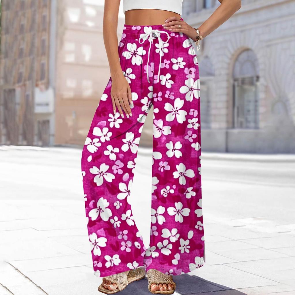 Damen Bedruckte Weitbeinige Hosen mit Taschen Hohe Taille Kordelzug Lockere Freizeit-Hosen