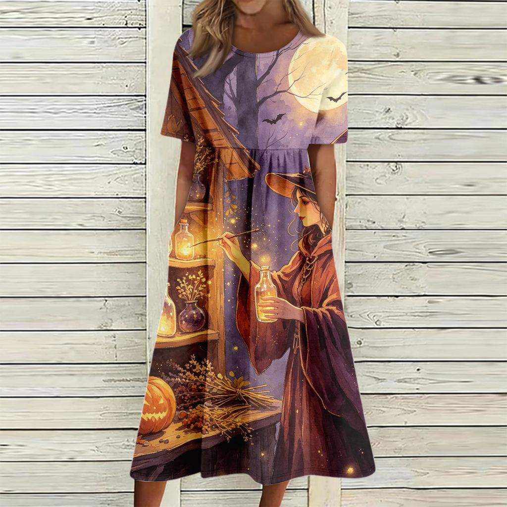 Women's Casual Halloween Print Round Neck Dress with Pockets for Festive Occasions