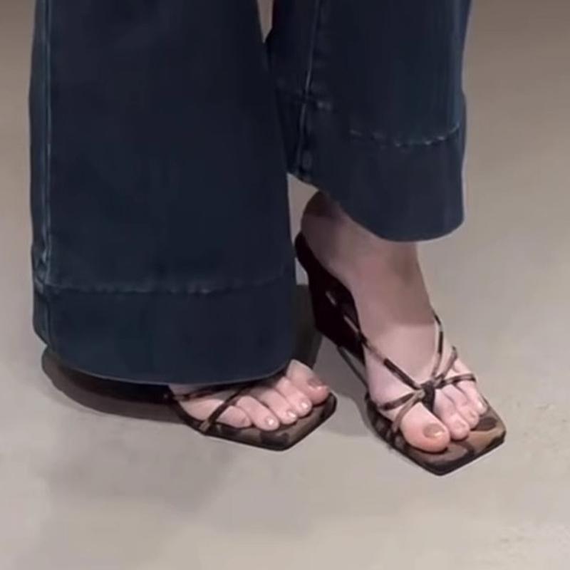 Fashion Leopard Women Slippers Wedges Clip Toe Fashion Shoes Summer High Heeled Sandals Woman 2025 Elegant Dress New Zapatos De Mujer