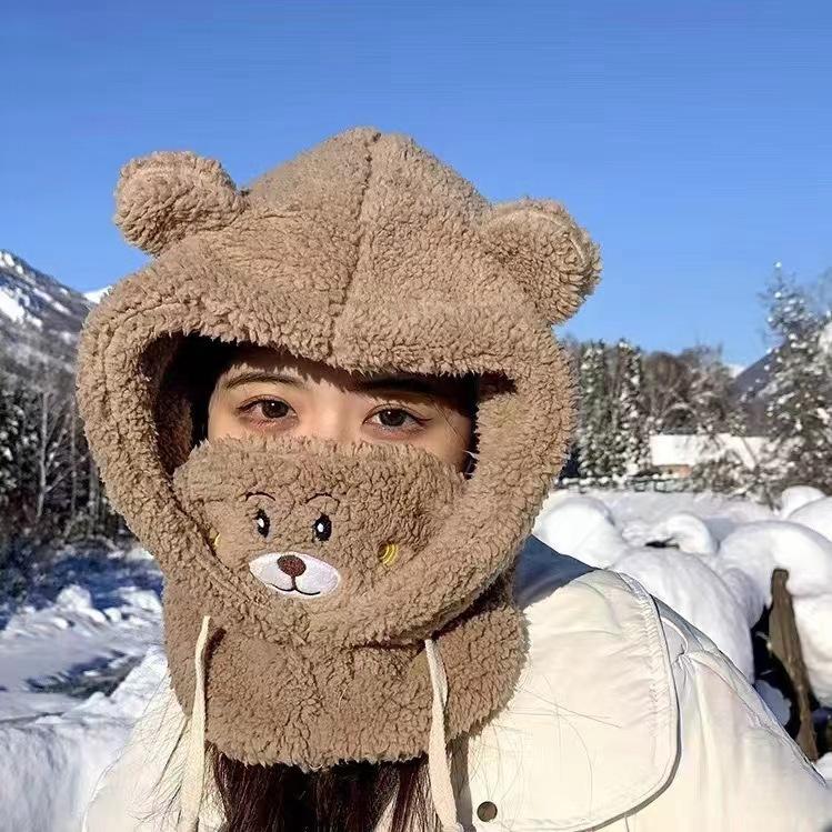 Bear Ears Ear Protection Hat Lamb Fleece Hat Autumn and Winter Versatile Mask Scarf Integrated Hat Thickened Plush Pullover Hat