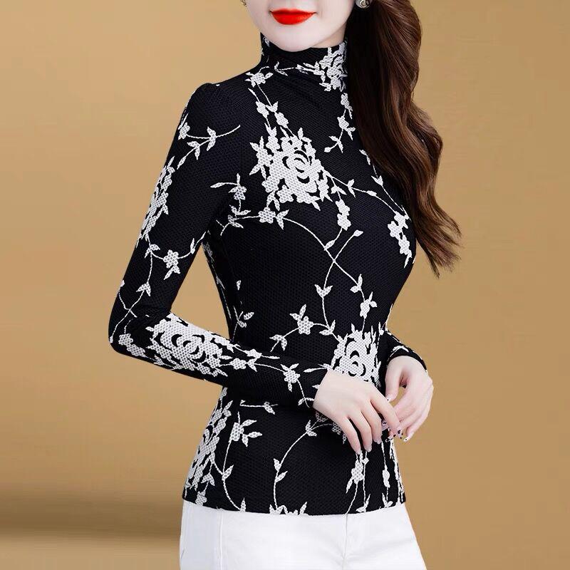 High Collar Printed Fashion Mesh Slim-Fit Top for Women