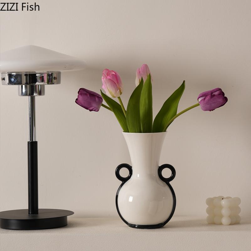 Double-ear Handles Ceramic Vase Minimalist Flower Pots Desk Decoration Flower Arrangement Floral Vases Room Aesthetic Decor