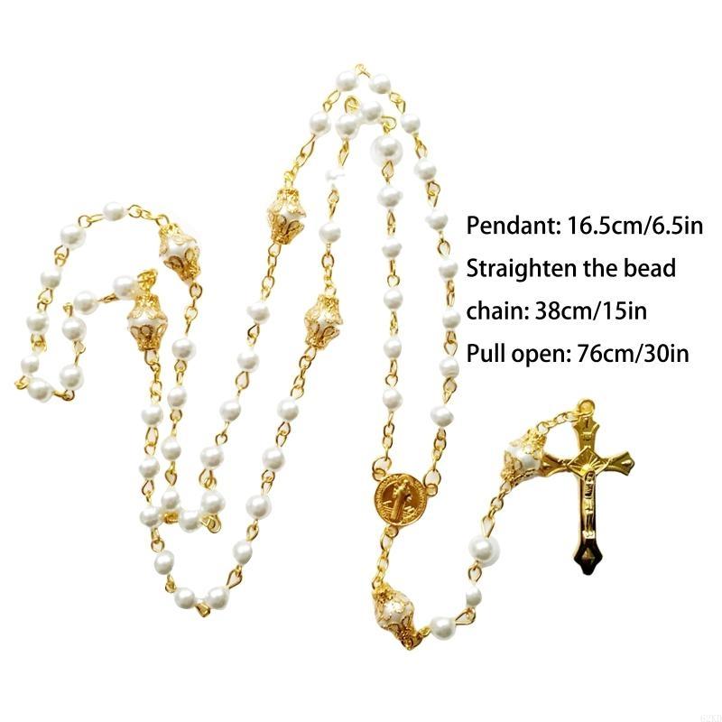 62KD Vintage Pearl Beads Rosary Necklace Jesus Christ Crucifix for Cross Pendant Necklaces for Women Jewelry Charm Prayer Gifts