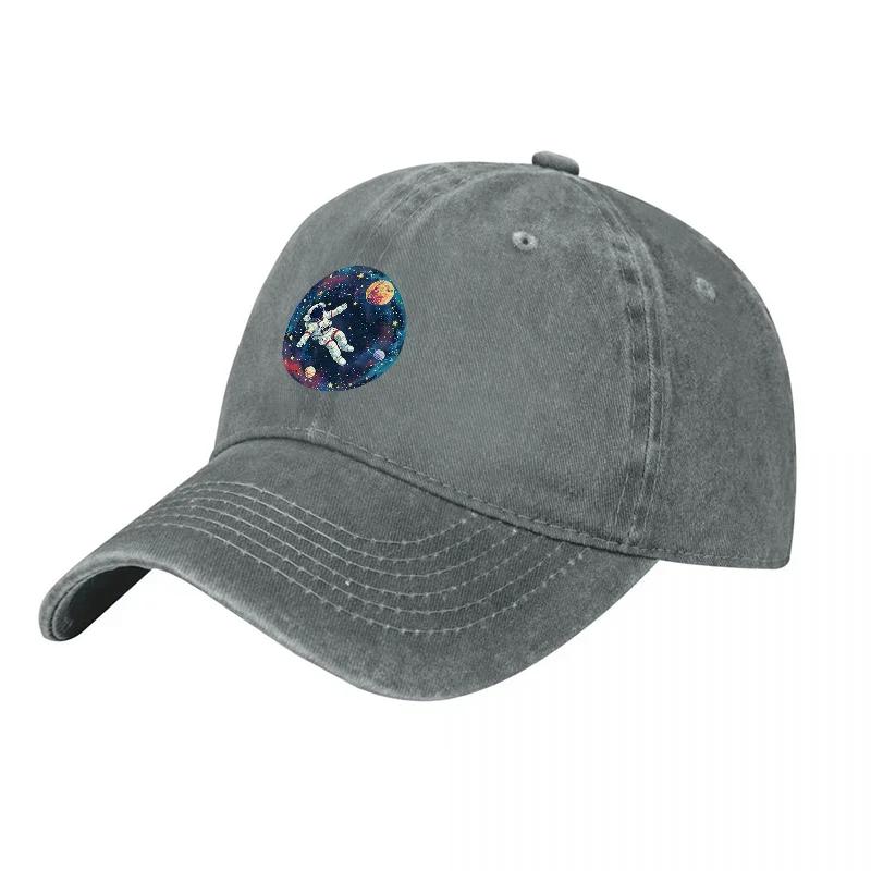 Astronaut Space Galaxy Embroidered Washed Denim Baseball Cap Vintage Style Unisex Adjustable Hat Fashion Accessory