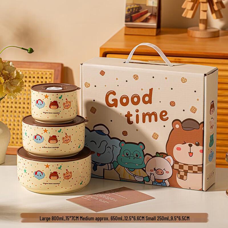 Lingjiezhe Cute Pet Band Ceramic Fresh-keeping Bowl Set