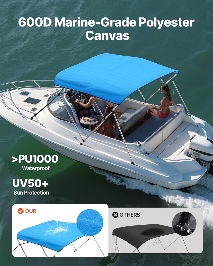 3 Bow Boat Bimini Tops 72"Lx(85"-90")W x 46"H Awning Canopy Pacific Blue