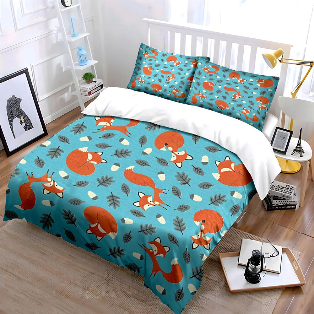 Fox and Leaf Forest Pattern Bedding Duvet Cover Set Duvet Cover Pillowcases (1*Duvet Cover 2*Pillowcases, without duvet insert)
