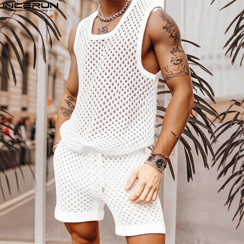 INCERUN Two Pieces Men Hollow Out Sleeveless Tank Tops and Loose Shorts Outfits Sets