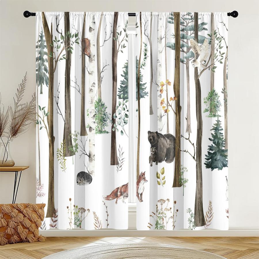 

Set Of 2 Snowforest Animal Curtains Pole Bag Design Privacy Protection Suitable Decoration Various Scenes Curtain Polyester W100*H70(CM)-Rod Pocket&1PCS