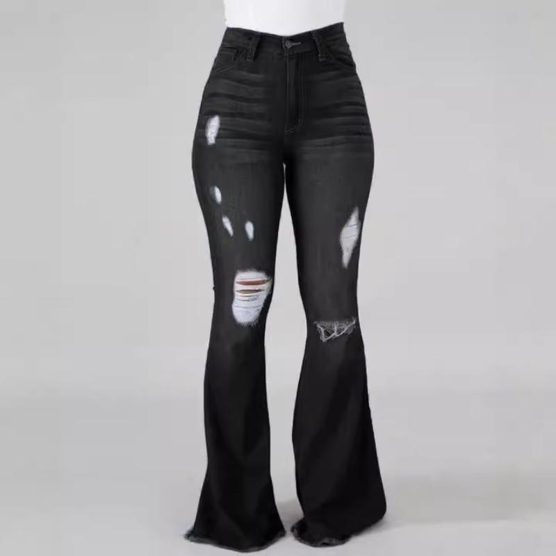 Women Bell Bottom Jeans Elastic Waist Ripped Flared Jean Destroyed Raw Hem Denim Pants