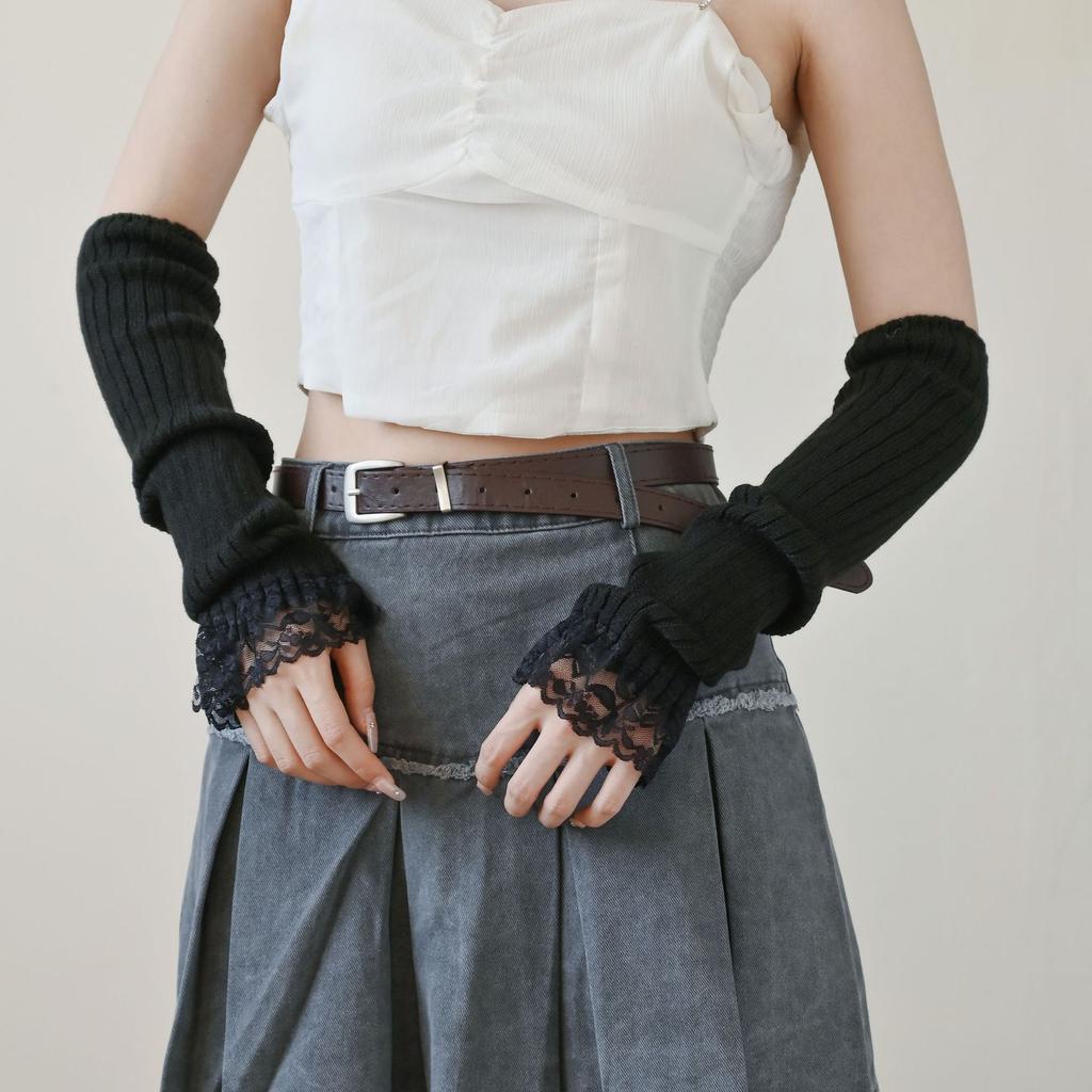 Fingerless Lace Mittens Female Anime Gloves Women Knitted Sweet Lolita Gloves Winter Arm Warmer Ankle Wrist Sleeves Harajuku Y2k