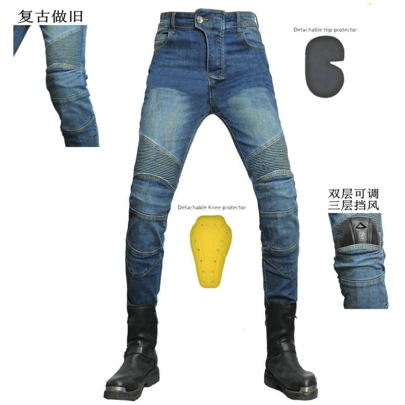 Mens Motorcycle Riding Pants Vintage Washed Denim Style Stretch Protective Biker Trousers Fall Season