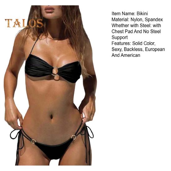 Women's Two Piece Swimsuit Halter String Triangle Bikini Set Metal Ring Pleated Bathing Suit Cutout Beachwear for Vacation Party