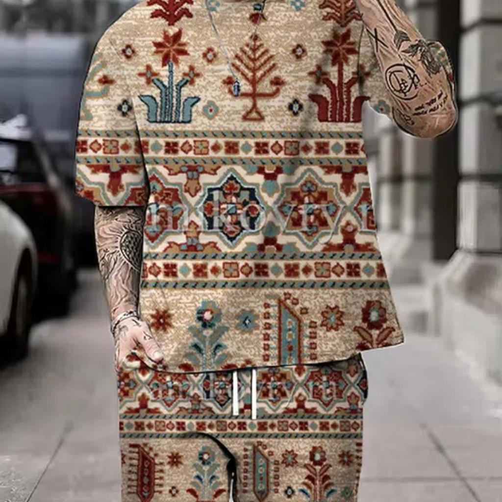 Summer Men's Short Sleeve Shorts Set Street Everyday Casual Men's T-Shirt Outdoor Fashion Loose Shorts Bohemian Print