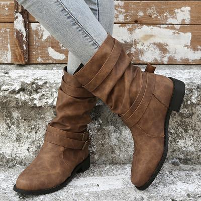 Fashion Women Boots Autumn Winter Ladies Short Boots Buckle Decorated Cowboy Boots Thick Sole Non-Slip Outdoor Travel Shoes for Women