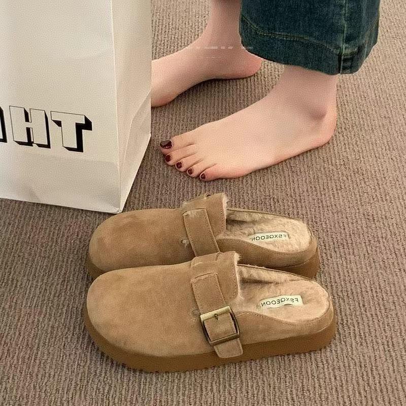 Women's Belt Buckle Soft Bottom Large Size Thickened Winter Warm Fur One Padded Lining Ankle Boots Non-slip Baotou Cotton Half Slippers