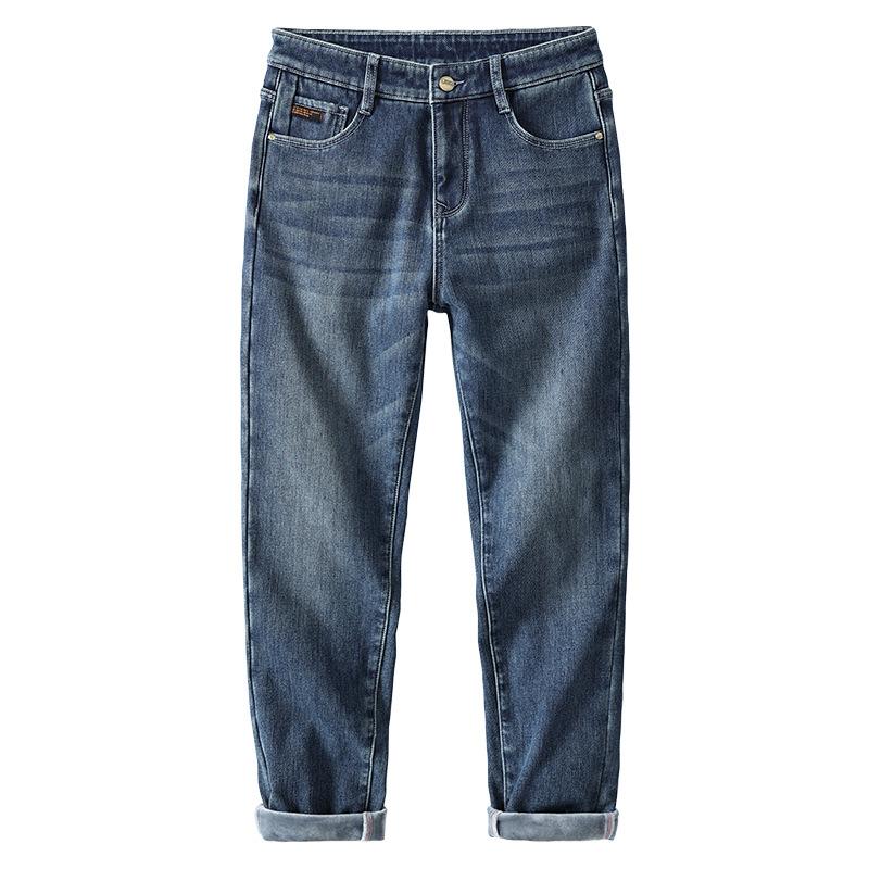 2024 Autumn And Winter Men'S Plush Thickened Warm Slim Fit Small Foot Elastic Trendy Brand Versatile Casual Denim Long Pants