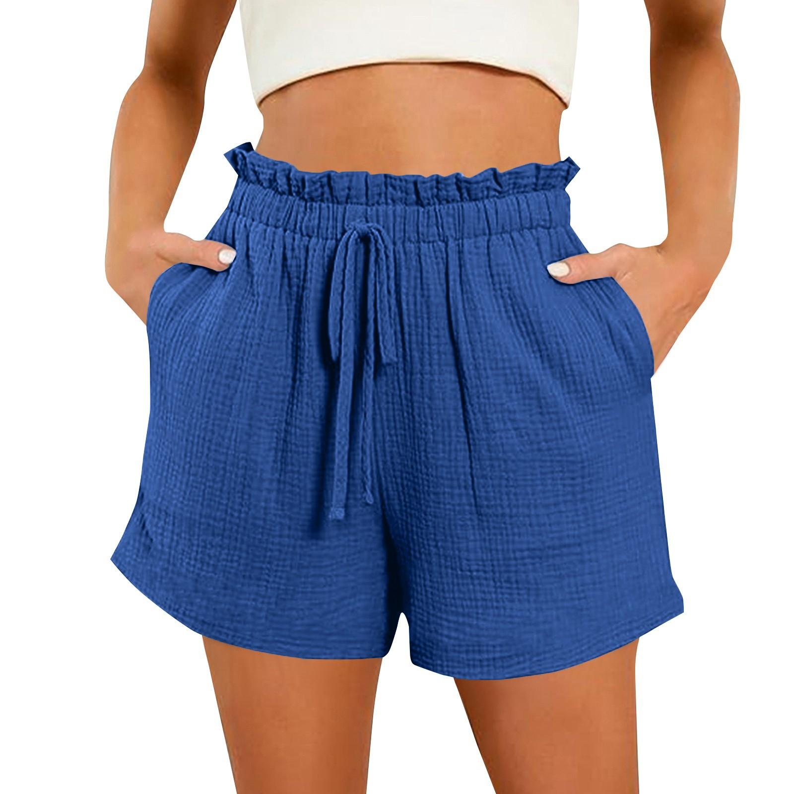 

Cotton Shorts For Woman Summer Casual High Waist Ruffle Elastic Drawstring Waisted Short With 2 Pockets Cute Comfy Outfits L синий
