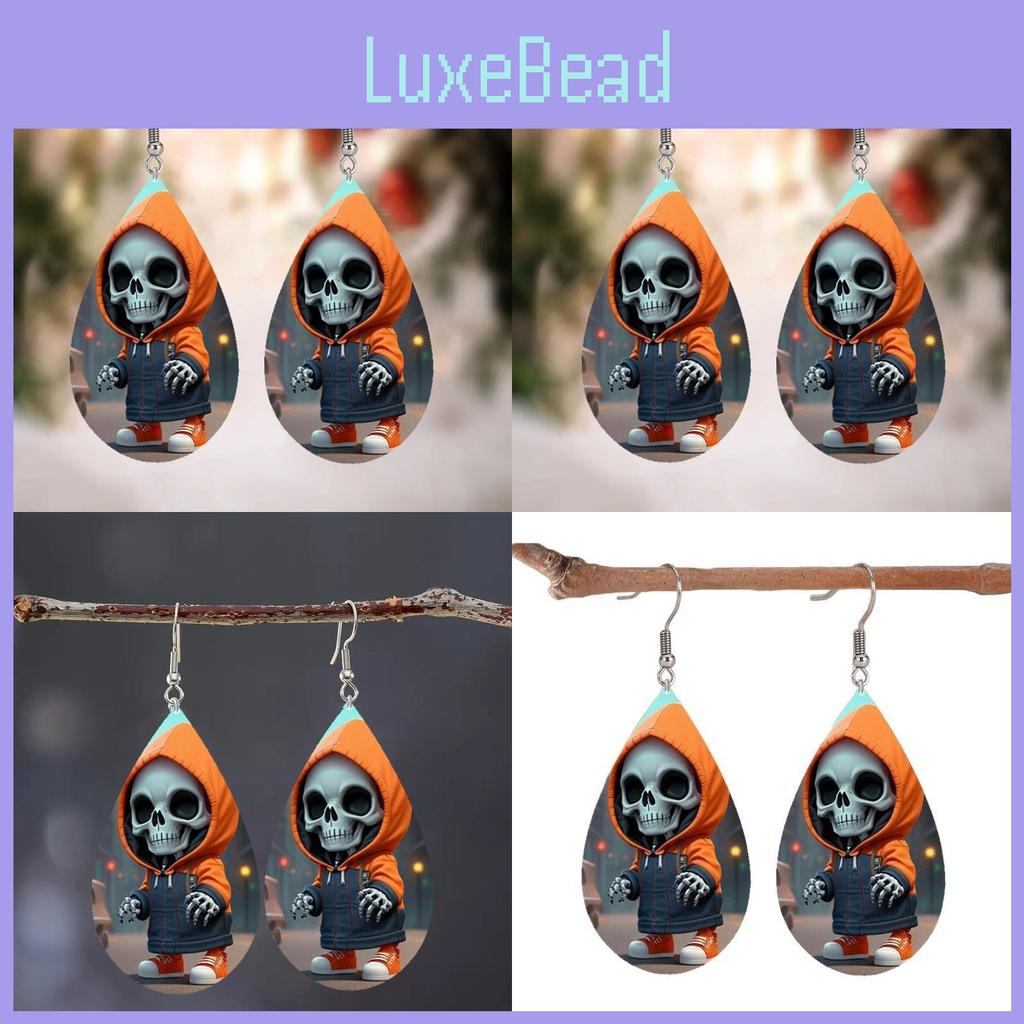 Hooded Halloween Themed Jacket Skull Pattern Droplet Shaped Acrylic Earrings