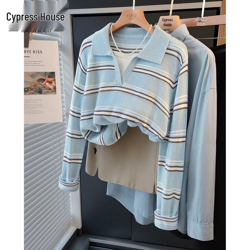 Women s Faux Two-Piece Striped Lapel Sweater One Size