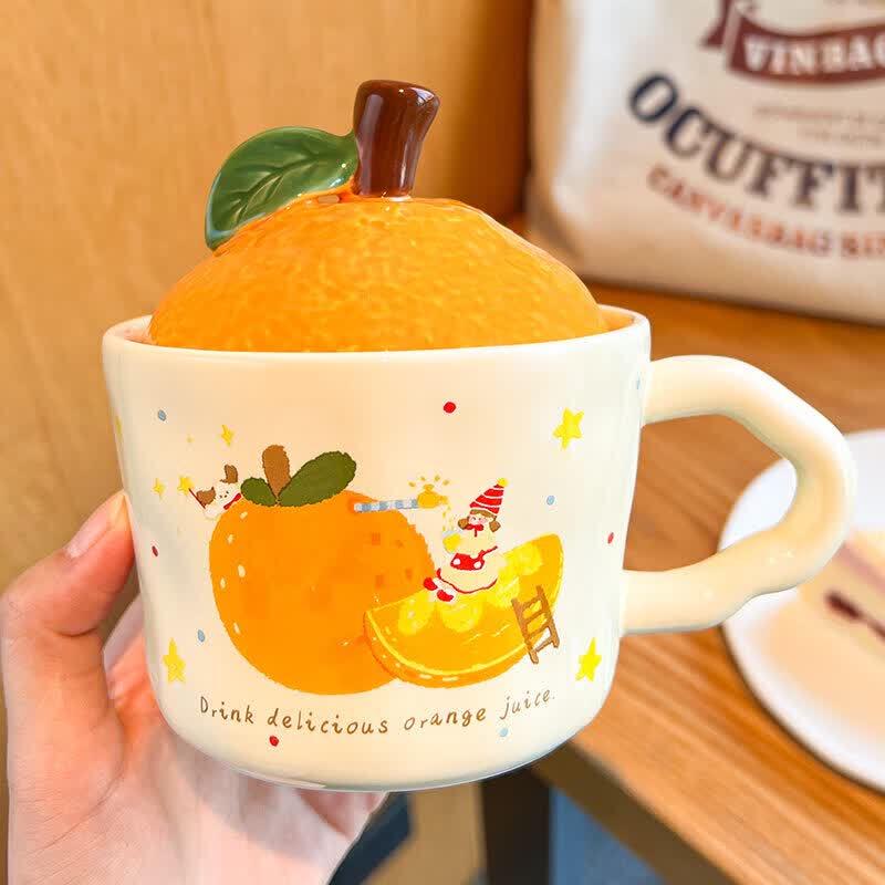 Qiwei Orange Ceramic Mug with Lid and Spoon