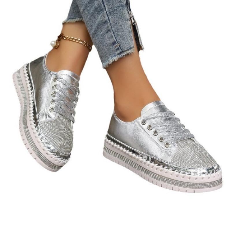 Large size white shoes women's new diamond-encrusted muffin thick-soled sequin hemming fashion board shoes