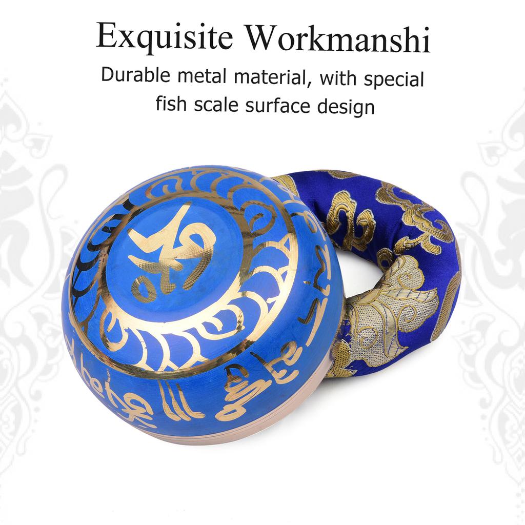 Blue Tibetan Singing Bowl Set with 9.5cm 3.7inch Handmade Metal Sound Bowl & Soft Cushion & Wooden Striker for