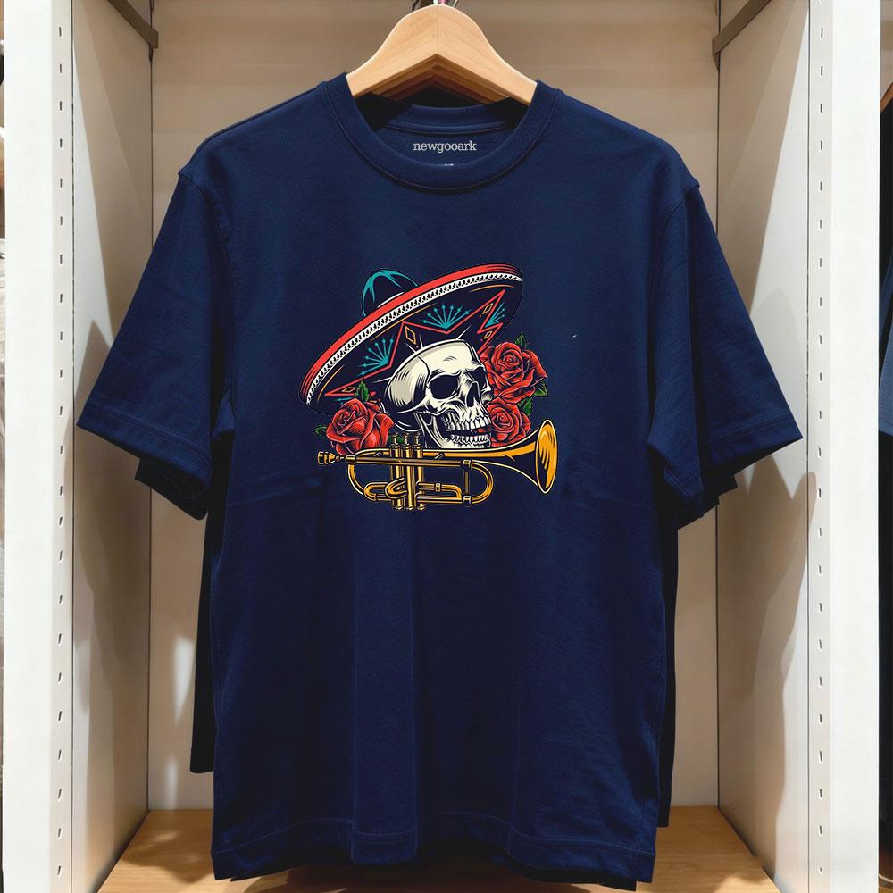 

Dia de los muertos Skull with Sombrero Trumpet Red Roses TShirt Women Unisex cotton printed t shirts streetwear camisetas tops tee 4XL